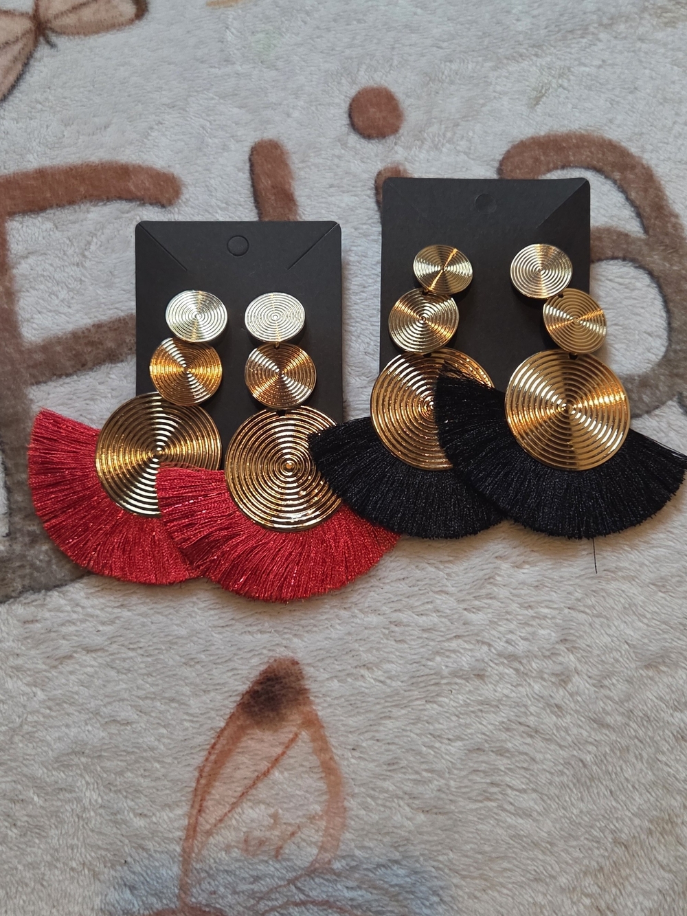 Gold Disc Fringe Drop Earrings — Red and Black